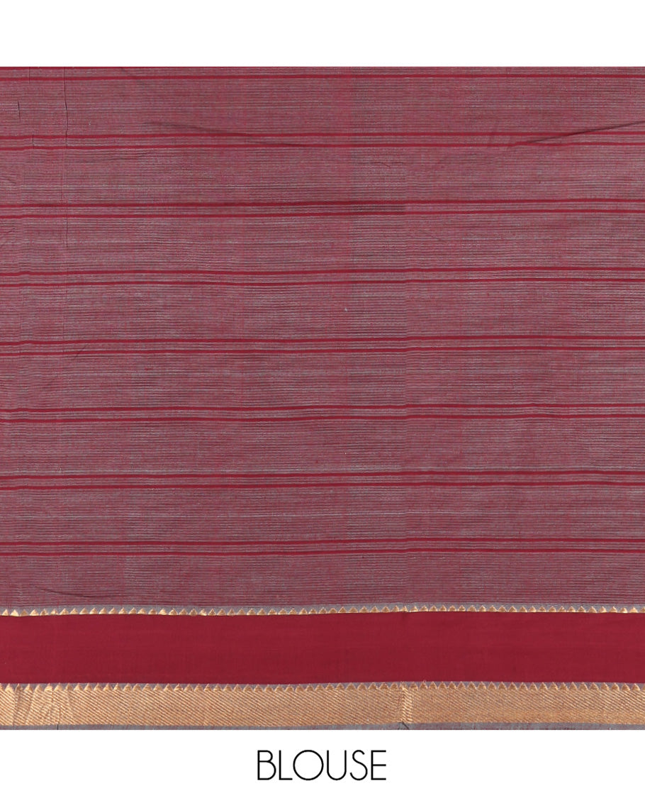 Green Mangalgiri Cotton Saree, Adorned with Checked Design on Its Body, Complemented by Contrast Temple Border, Zari Striped Pallu, and Paired with Contrast Blouse