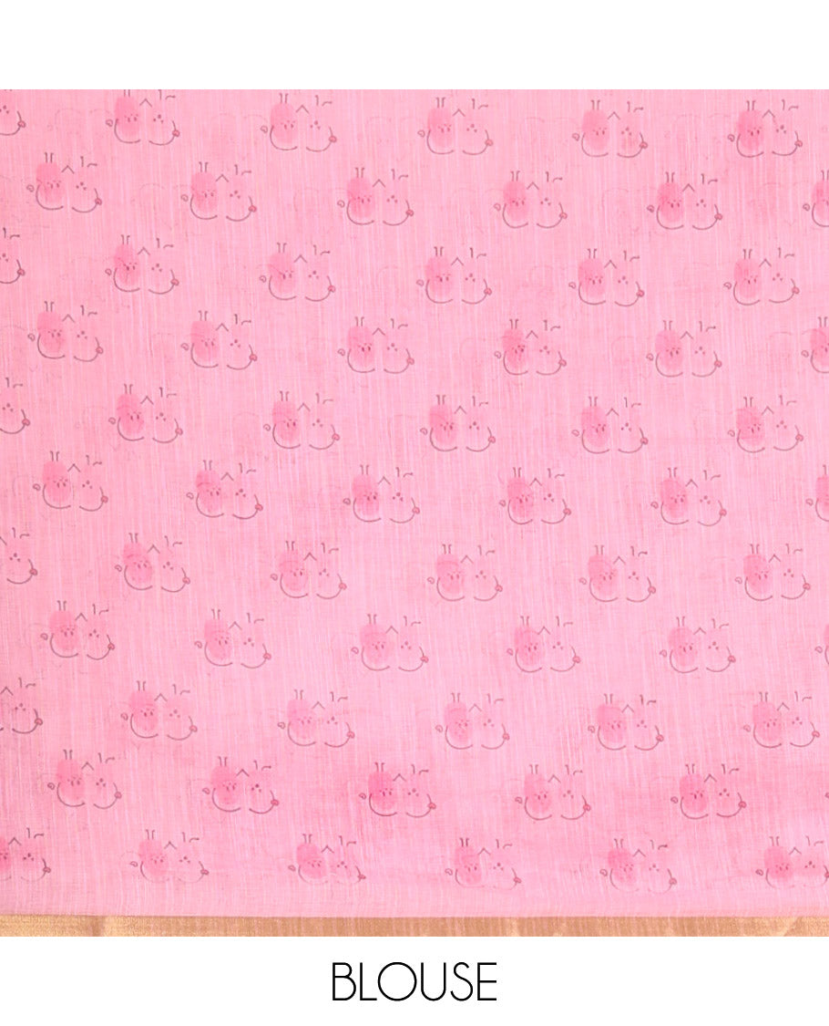 White Linen Cotton Saree, Creatively Printed with Thumb Finger Printed Cartoon-Theme Print on Its Body, a Subtle Piping Border, a Self-Printed Pallu, and Paired with a Matching Blouse