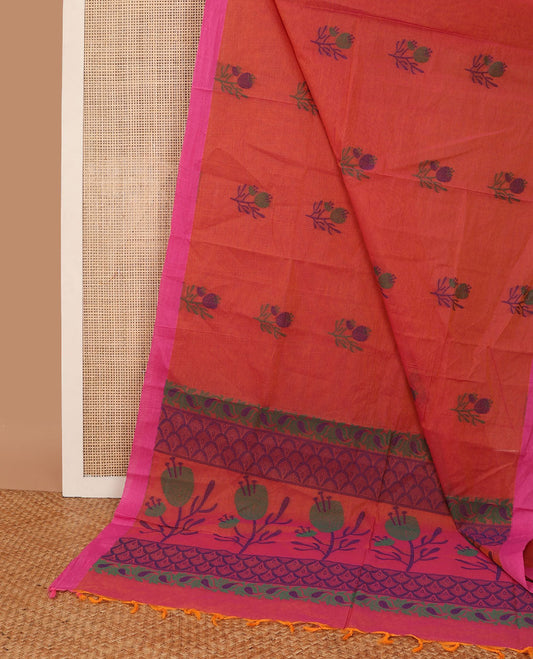 Red floral motifs coimbatore cotton saree with contrast border & floral design pallu