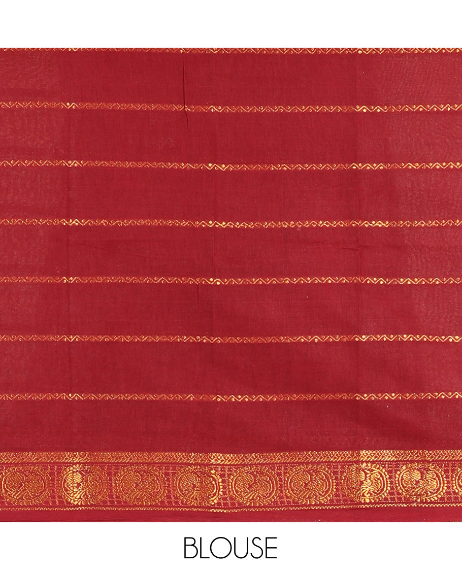 Maroon Plain Sungudi Cotton Saree, Highlighted by Traditional Rettai Pettu Rudraksham Border, Striped Pallu, and a Matching Blouse