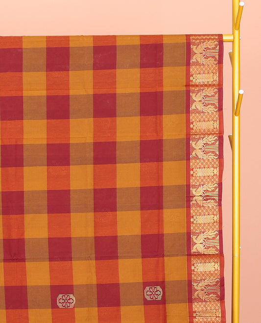 Red-Orange Chettinad Cotton Saree, Woven with Checks and Buttas, Highlighted by Peacock Border, Striped Pallu, and No Blouse