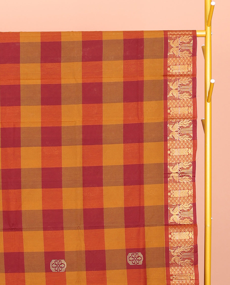 Red-Orange Chettinad Cotton Saree, Woven with Checks and Buttas, Highlighted by Peacock Border, Striped Pallu, and No Blouse