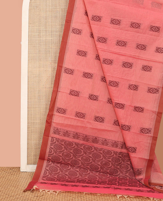 Pink Kanchi Cotton Saree, Embellished with Square Buttas All Over Its Body, Complemented by a Contrast Border, Pallu Features Floral and Paisley Designs, and Paired with a Matching Blouse