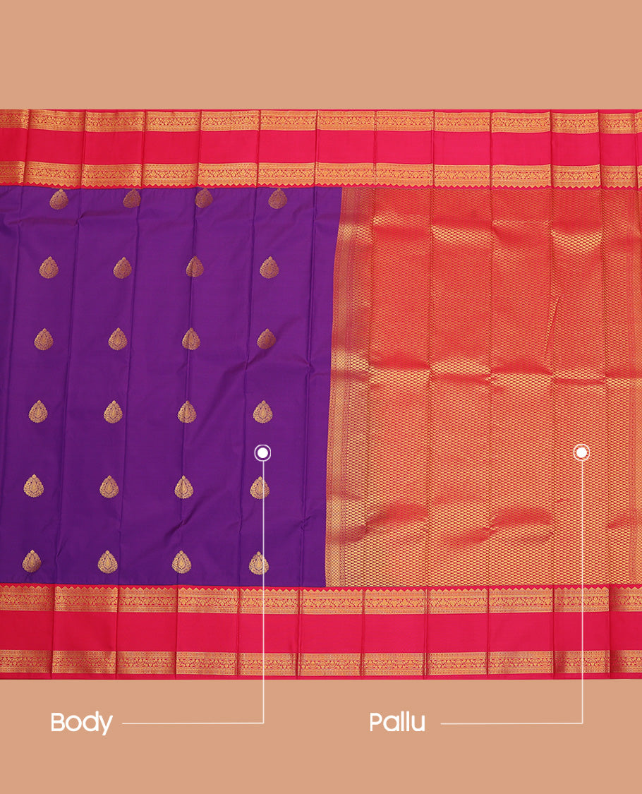 Violet Budget Silk Saree, Boldly Accentuated With Zari Buttas All Over Its Body, Complemented by Contrast Traditional Zari Designs Rettai Pettu Border, Grand Jaal Pallu and Paired with a Contrast Blouse