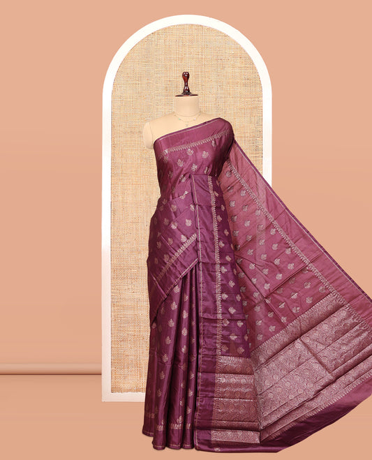 Brown Tussar Silk Saree Features Zari Buttas, a Zari Border, Intricately Designed Pallu, and a Matching Blouse