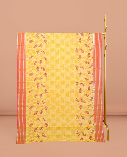 Yellow Chirala Cotton Saree, Decked Up with Swan and Floral Print, Contrast Striped Border, Floral Printed Pallu, and a Matching Blouse
