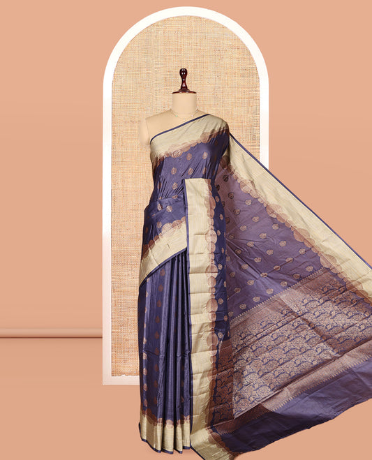 Navy Blue Tusser Silk Saree, Accentuated with Zari Buttas, a Contrast Zari Border, Grandly Decked Up Pallu, and a Matching Blouse