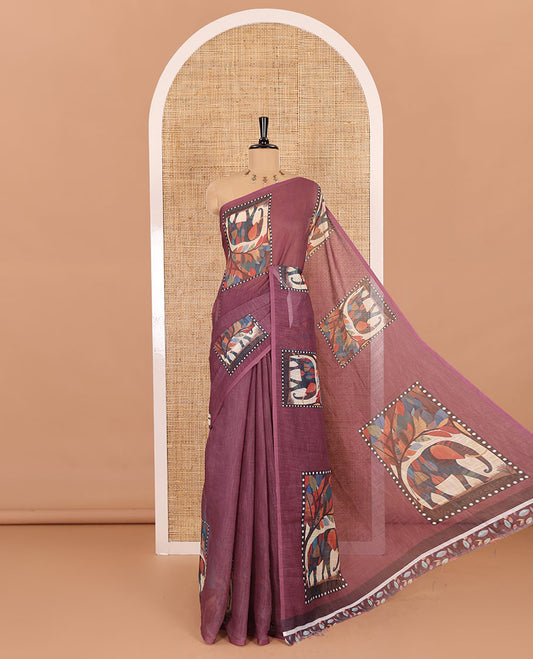 Wine plain linen cotton saree, mordern art style elephant motifs printed border, elephant printed pallu, and a leaf printed blouse