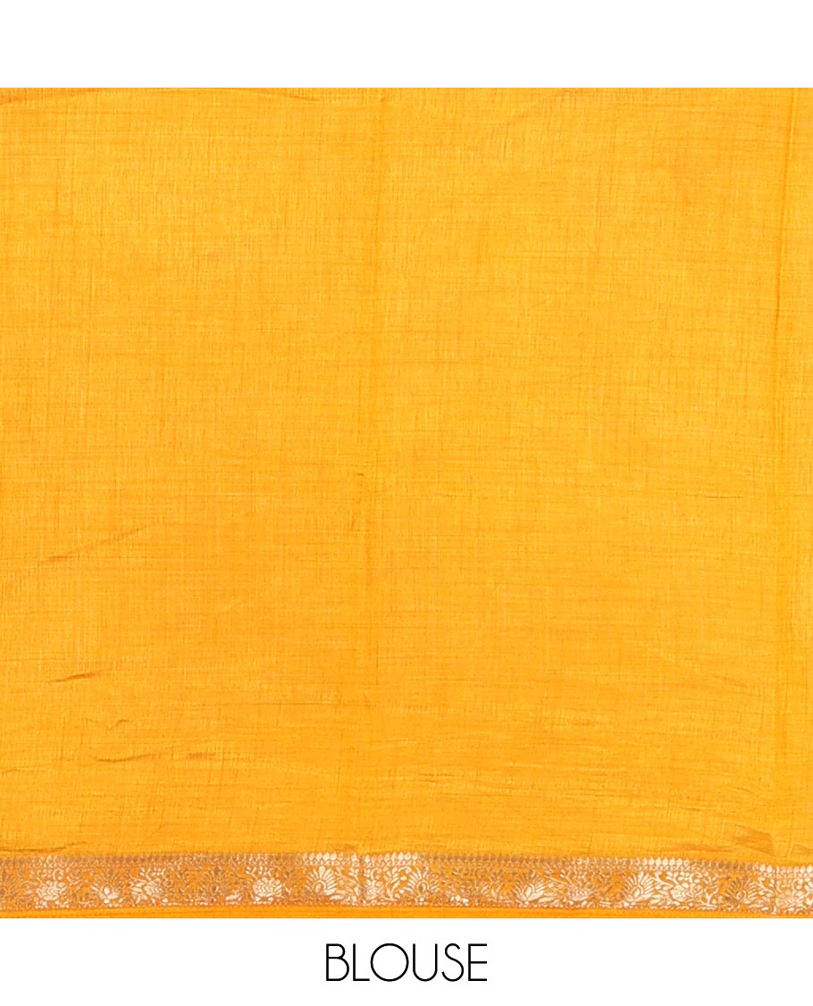 Chikku-Mustard Plain Semi-Tussar Saree, Complemented by Contrast Floral Creeper Zari Border, Striped Pallu and a Contrast Blouse