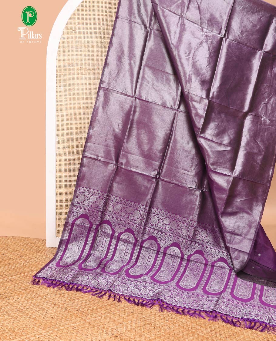 Purple silver zari tissue sailk saree with plain border & rich pallu along with butta design blouse