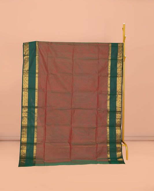 Red-Green Dual-Tone Plain Chettinad Cotton Saree, Complemented by Contrast Traditional Zari Design Rettai Pettu Border, Zari Striped Pallu, and Paired with Matching Blouse