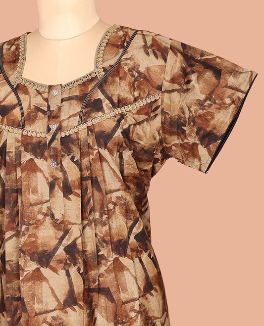 Brown Abstract Print Cotton-Blended Nighty
