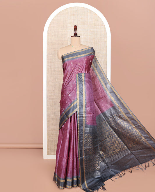 Purple Tussar Silk Saree, Subtly Sparkled with Stripes and Paisley Buttas on Its Body, Complemented by Contrast Border, Pallu Features Jaal Designs, and Paired with a Contrast Blouse