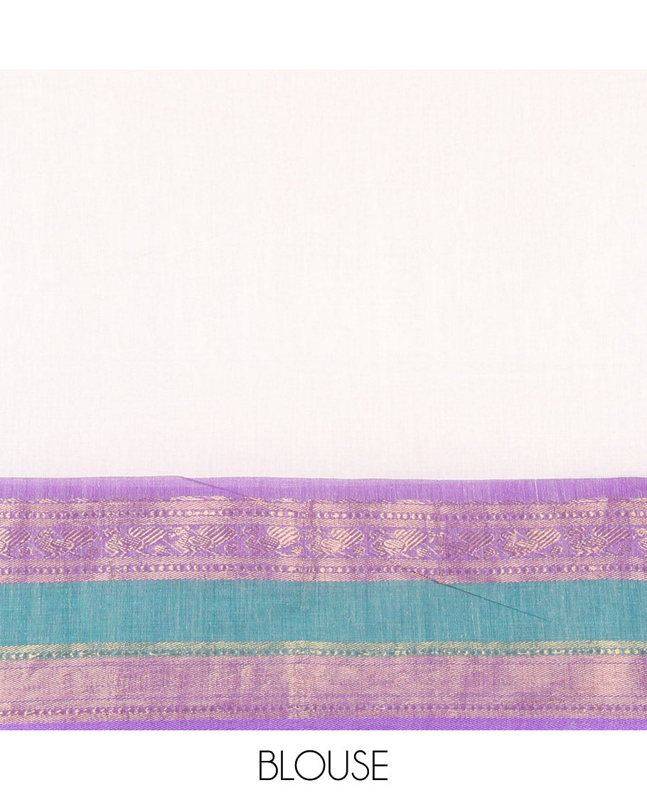Cream Plain Khadi Mul Cotton Saree, Complemented by a Contrast Rettai Pettu Traditional Zari Design Border, a Self-Pallu, and Paired with a Matching Blouse
