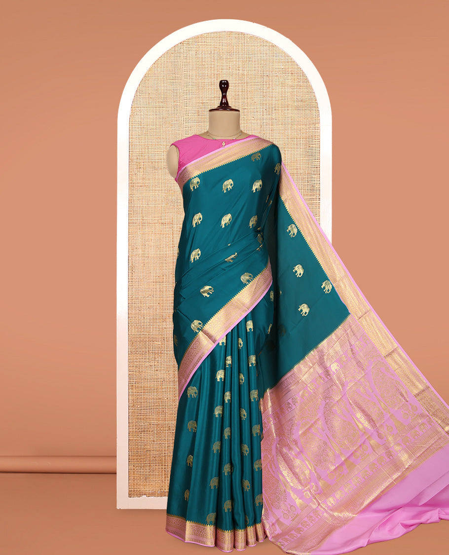 Blue Mysore Silk Saree, Adorned with Elephant Buttas, Complemented by a Contrast Traditional Zari Border, Grand Pallu, and a Contrast Blouse