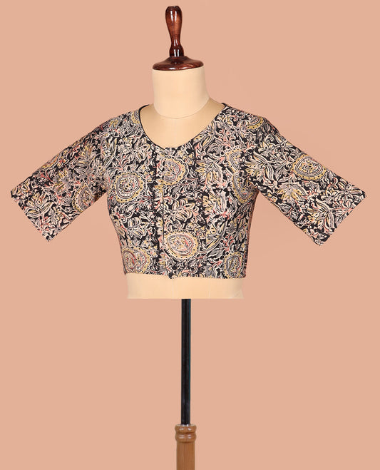 Black Readymade Blouse Decked Up with Kalamkari Floral Vine Print, Featuring Front Round-Neck, Back Closed Neck, and Elbow Sleeves