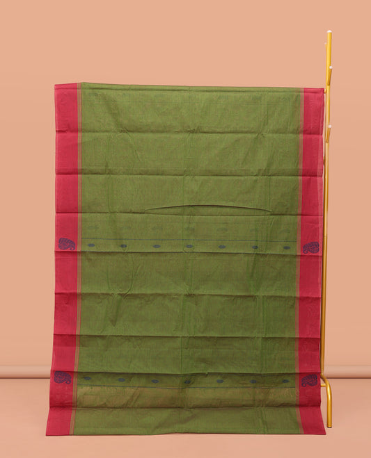 Green Kanchi Cotton Saree, Woven with Buttas on Its Body, Complemented by a Contrast Border, Pallu of Intricate Design, and a Matching Blouse