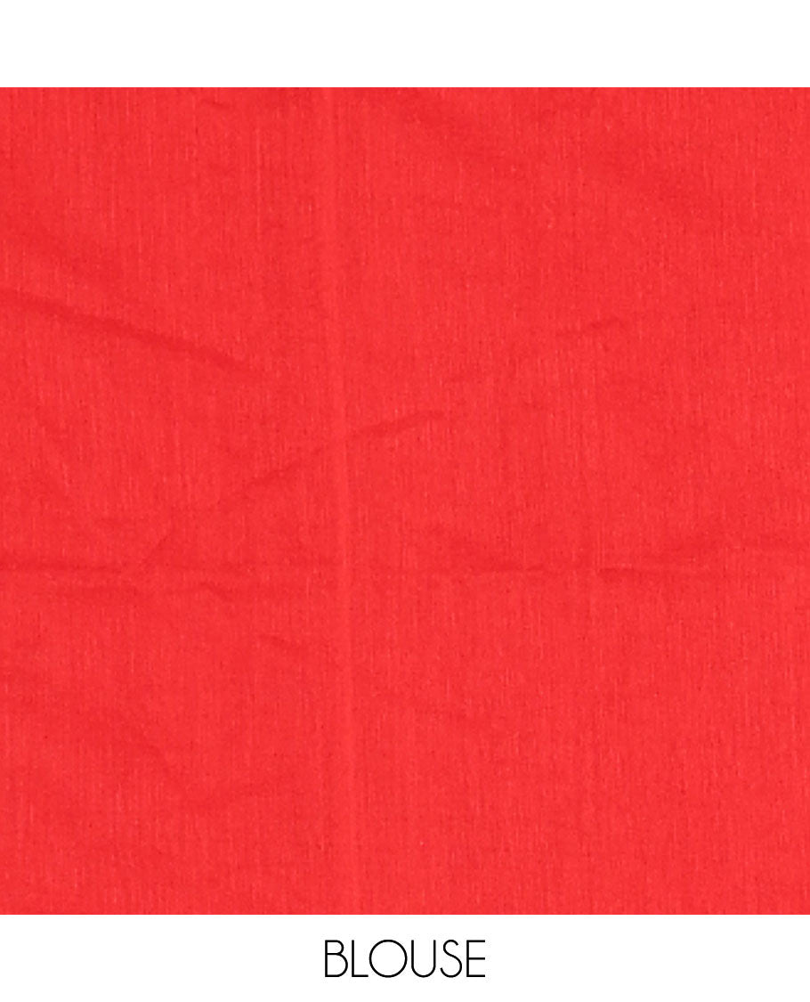 Borderless Red Khadi Mul Cotton Saree, Beautified with Big Hibiscus Floral Motifs Foil-Printed on Its Body, Subtly Sparkled Pallu of the Same Print and Tassels, and Paired with a Matching Blouse