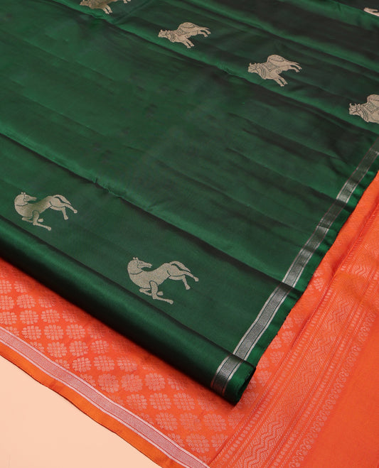 Green Kanchipuram Silk Saree, Crafted with Kuthirai and Pichwai Cow Buttas, a Piping Border, Contrast Intricate Pallu, and a Contrast Blouse