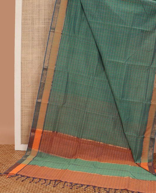 Green checked mangalagiri cotton saree with contrast zari design border & checked pallu