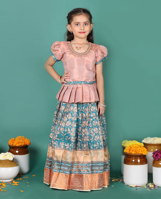 Grey art silk readymade pavadai set, floral jacquard with contrast traditional zari border skirt, contrast embroidered puff-sleeve blouse