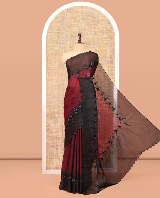 Maroon Designer Saree, Finely Crafted with Floral Sequins Embroidered On Its Body, Complemented by Contrast Scallop Border, and Paired with a Contrast Embroidered Blouse