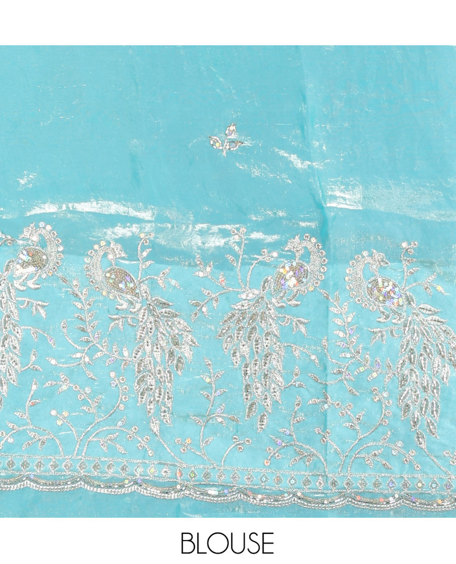 Borderless Sea Green Plain Fendi Chiffon Saree, a Self-Pallu, and a Matching Peacock Embroidered Blouse