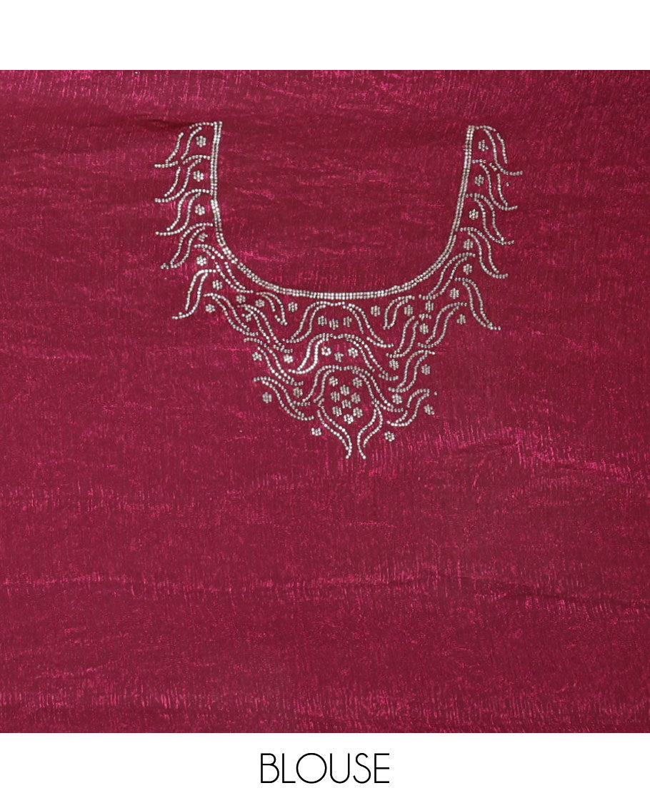 Purple plain fendy chiffon saree, scallop micro stone border, intricate stone work pallu, and a matching micro-stone blouse