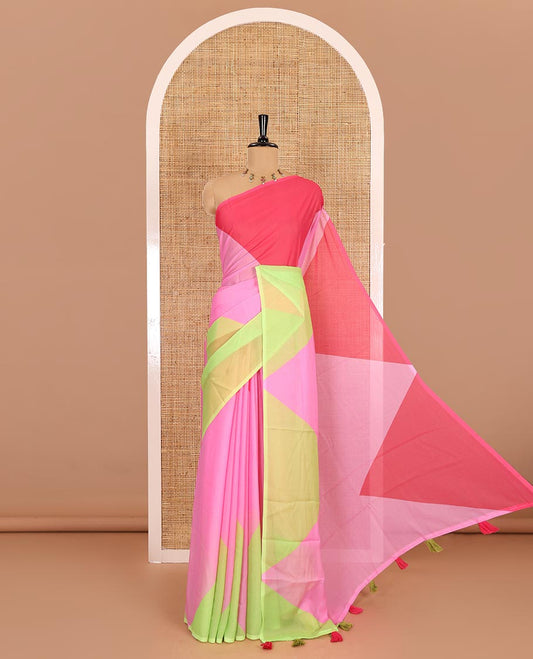 Borderless pink plain moss chiffon saree, contrast double-sided temple border, self-pallu, and diamond-patterned printed blouse