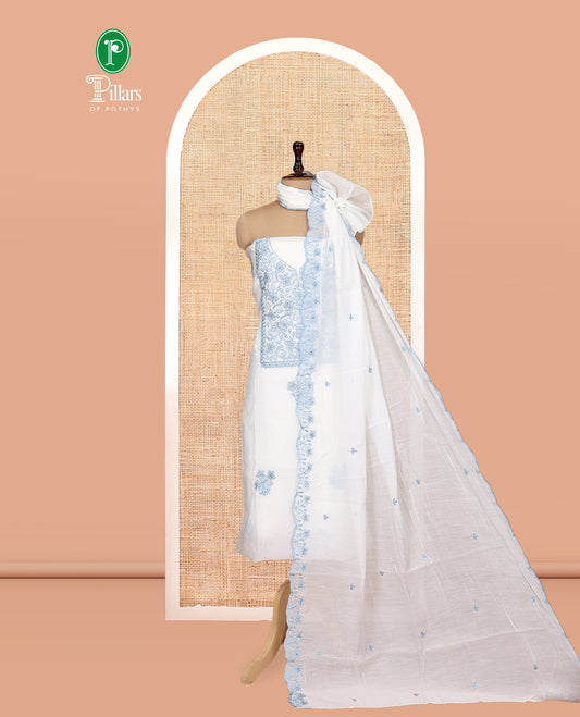 White Mul Chanderi Material Churidar, Floral Embroidered Top, a Plain Bottom, a Floral Embroidered Scallop Dupatta