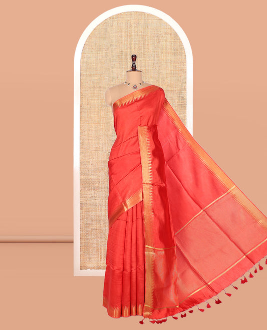 Red Plain Banana Pith Saree, a Zari Temple Border, Striped Pallu, and Matching Blouse