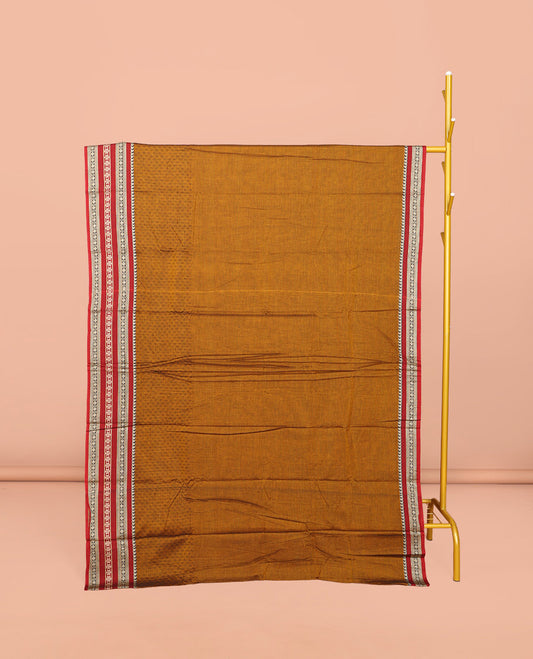 Mustard Embossed Narayanpet Cotton Saree, Complemented by a Contrast Traditional Zari Design Border, Striped Pallu, and Comes Without a Blouse