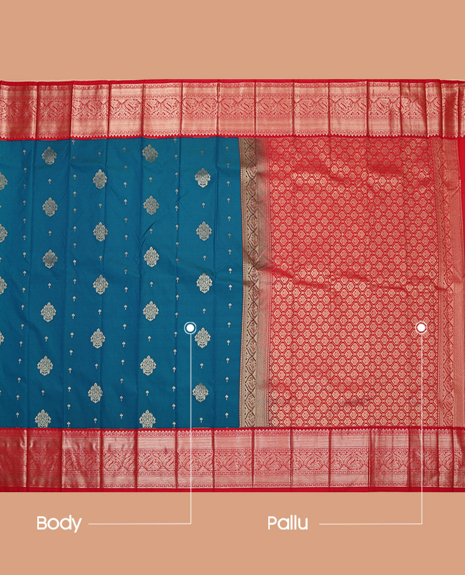 Blue Budget Silk Saree, Graced with Zari Buttas, Complemented by Contrast Tradittional Zari Border, Grand Pallu, and a Contrast Blouse