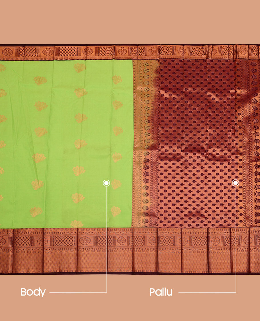 Parrot Green Budget Silk Saree, Woven with Zari Buttas on Its Body, Complemented by a Contrast Traditional Zari Design Border, Pallu Steeped with Floral Designs, and Paired with a Contrast Blouse