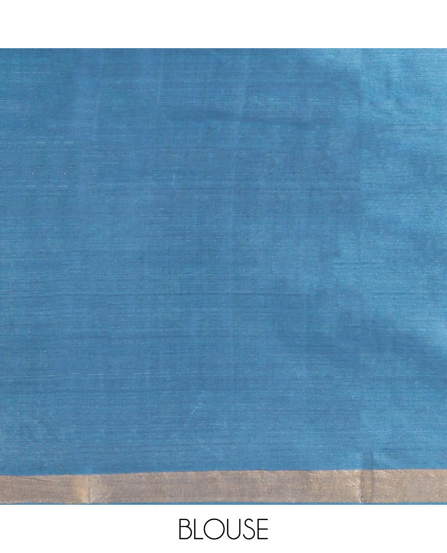 Blue Tussar Saree, Crafted with Buttas, a Piping Border, Floral Vine-Woven Pallu, and a Matching Blouse