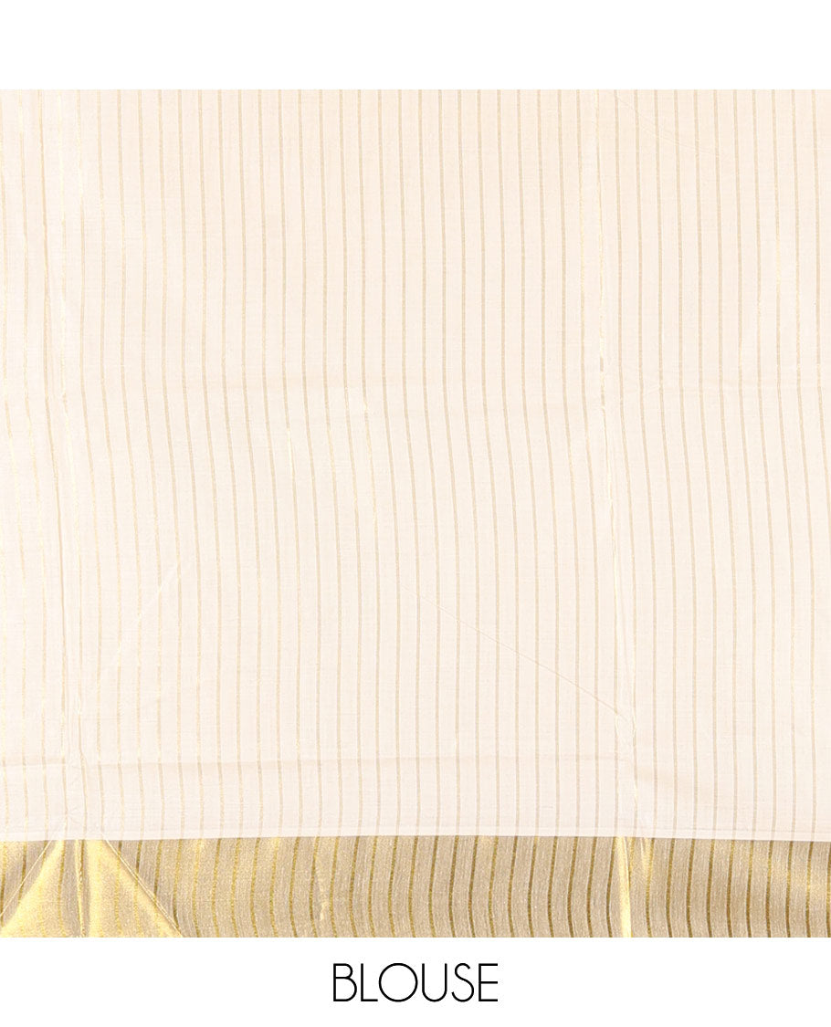 Cream and green vertically striped with handblock floral motifs printed Kerala cotton saree, zari striped border, handblock floral printed pallu, and a matching blouse