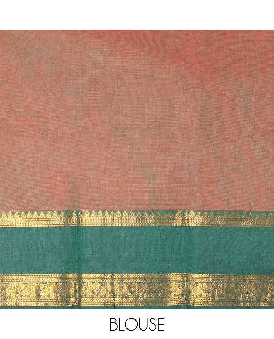 Red-Green Dual-Tone Plain Chettinad Cotton Saree, Complemented by Contrast Traditional Zari Design Rettai Pettu Border, Zari Striped Pallu, and Paired with Matching Blouse