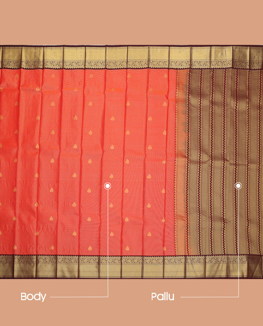 Orange Budget Silk Saree, Decorated with Zari Buttas and Checks, Complemented by a Contrast Traditional Zari Border, Grand Pallu, and a Contrast Blouse