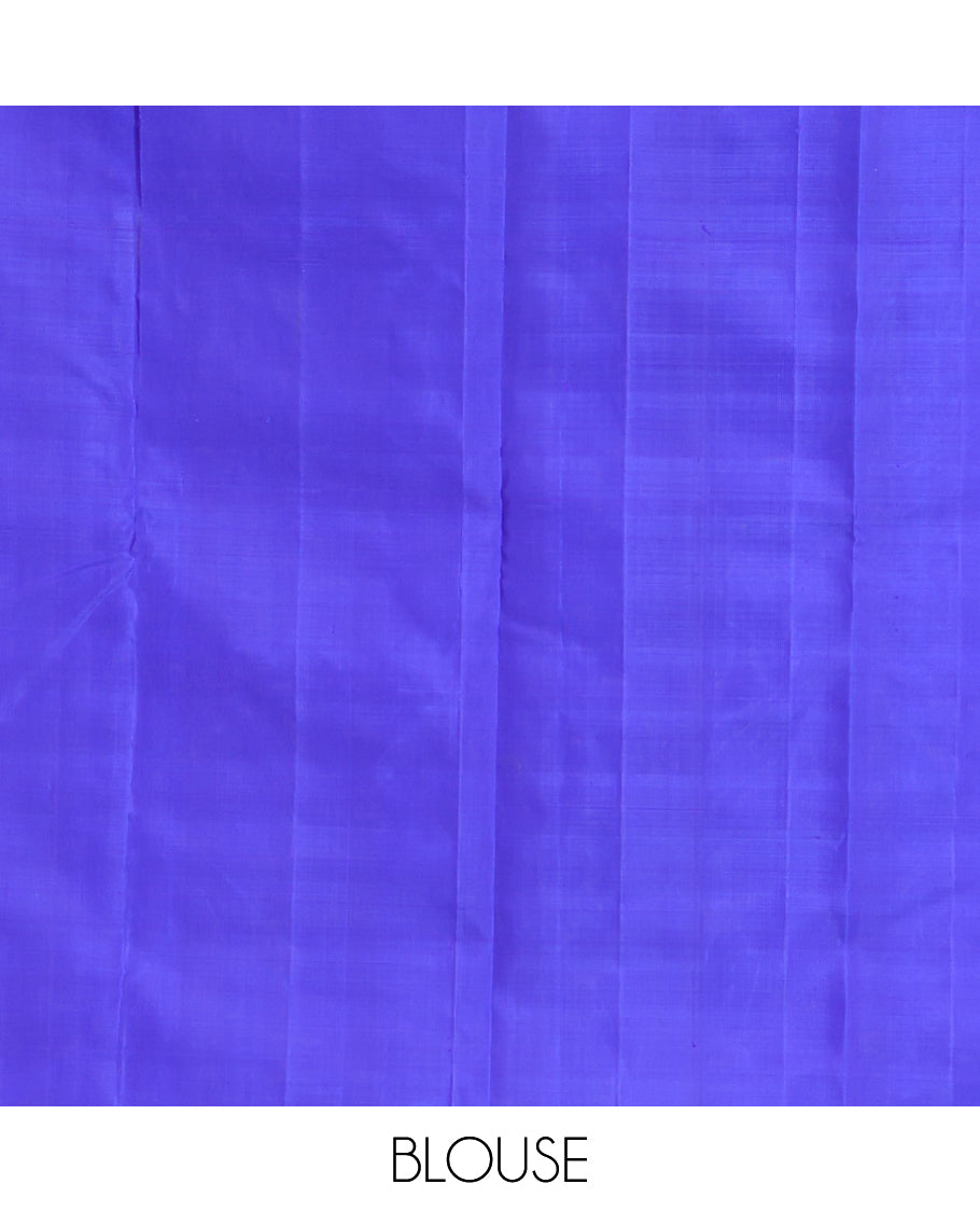 Blue Plain Kanchipuram Silk Saree, Complemented by a Contrast Thazampoo Rekku Border, Thazampoo Rekku Pallu, and Contrast Blouse