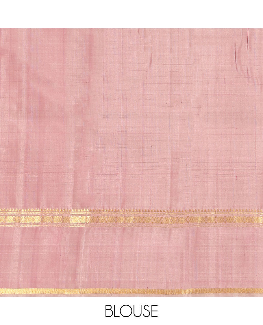 Maroon Kanchipuram Silk Saree, Richly Detailed with Chakram Buttas Enclosed Checks, Complemented by a Contrast Rettai Pettu Border of Rekku, Banaras, Muthu, and Poun Designs, Pallu Steeped with Chakram Motifs, and Paired with a Contrast Blouse