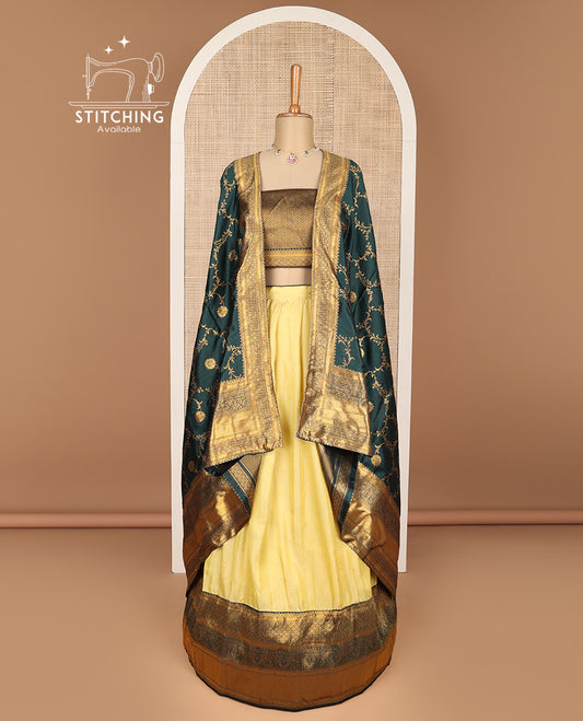 Lemon yellow banaras half saree with contrast zari design border ,  zari design blouse & floral zari design dhavani