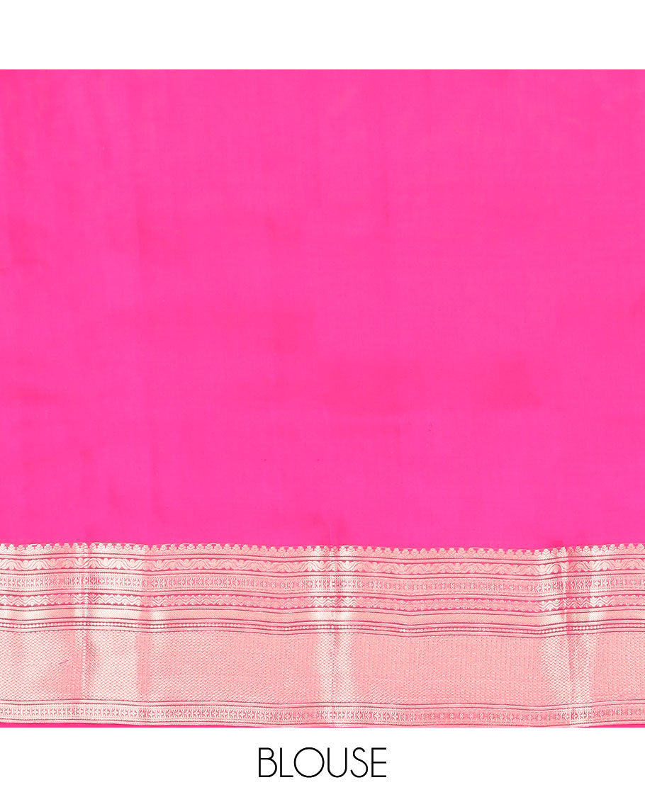 Pink buttas silk saree with self border of thilakam mokku, mayil kann , banaras design & zari design pallu
