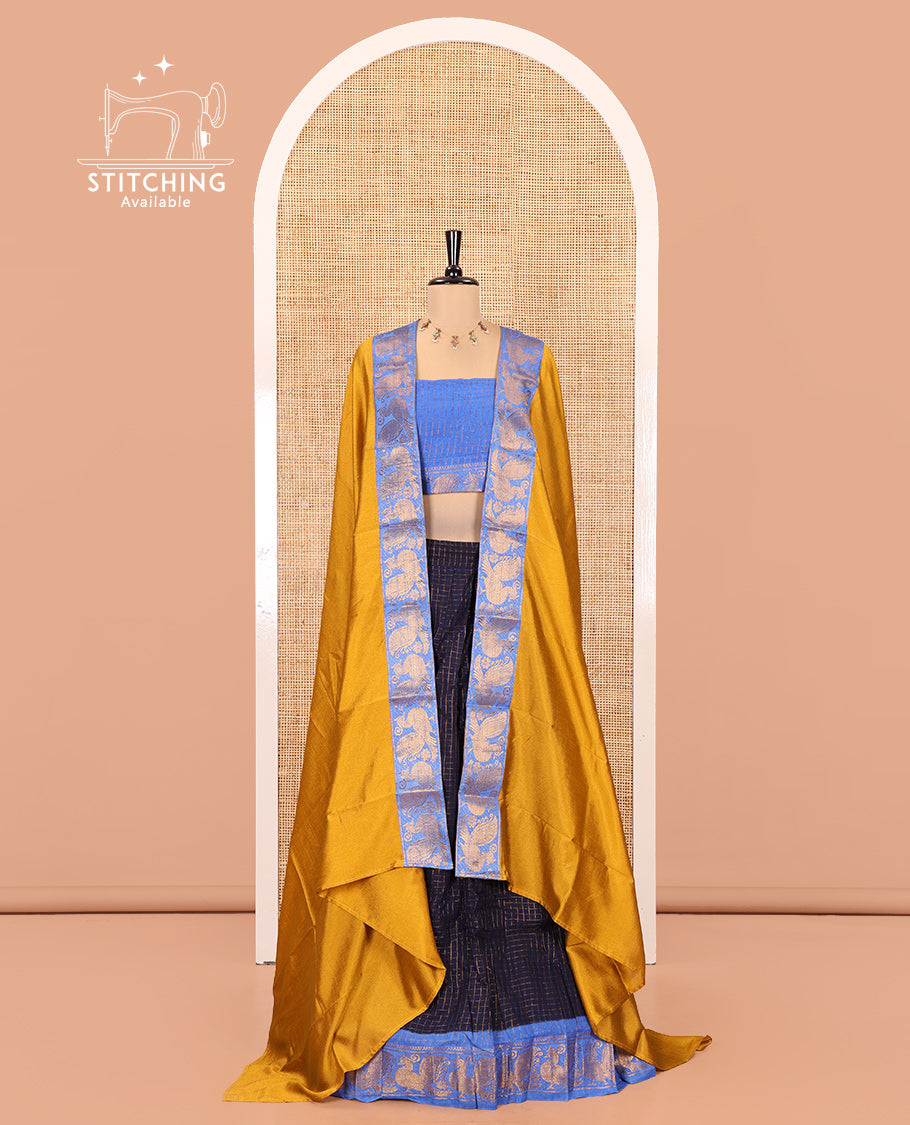 Navy Blue-Blue Sungudi Cotton Half-Saree Set Features Zari-Checks Skirt, Contrast Peacock Zari Border, Contrast Blouse, and Contrast Syska Georgette Dupatta