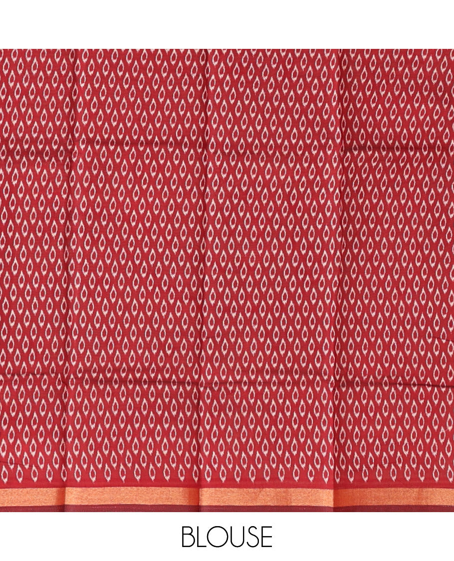 Brown Kanchi Cotton Saree, Adorned with Buttas All Over Its Body, Complemented by a Contrast Border of Kalamkari Peacock Print, Pallu of Kalamkari Peacock Print, and Paired with a Contrast Blouse
