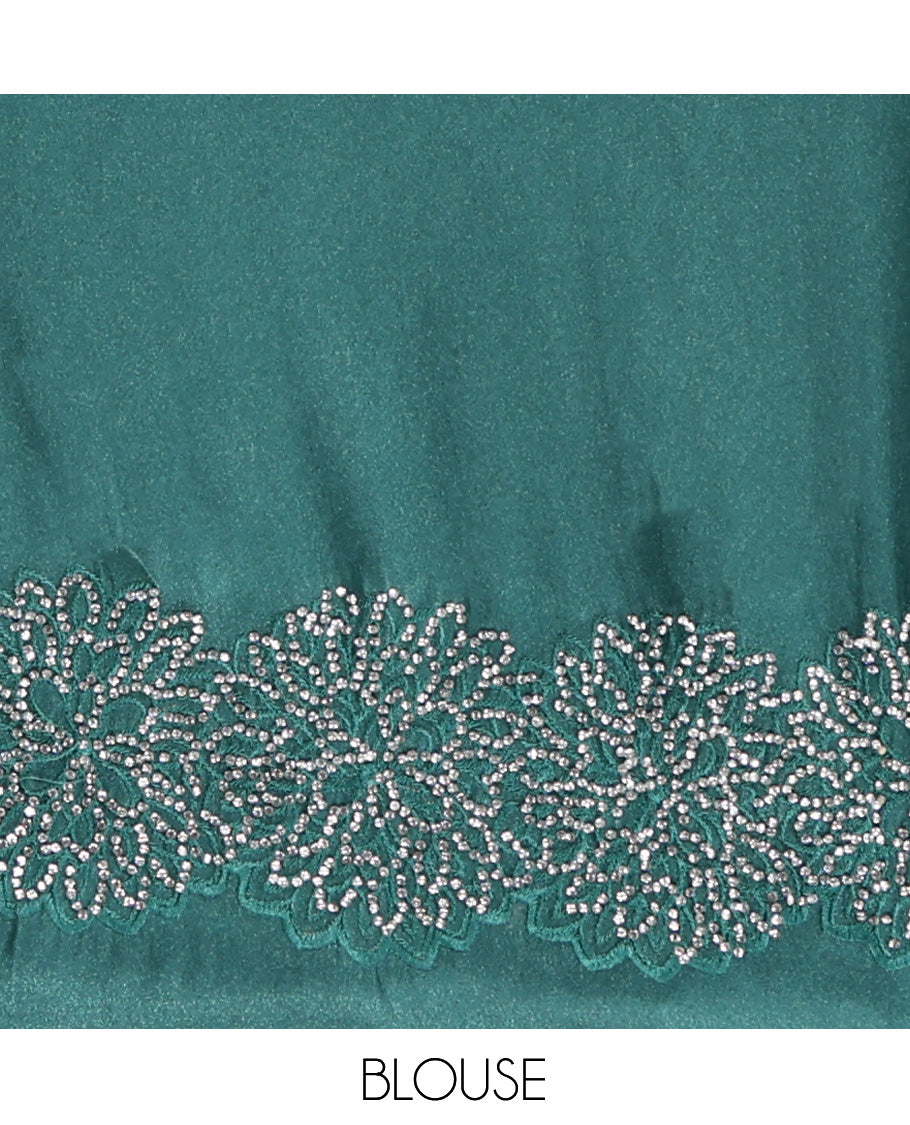 Green Designer Saree Featuring Floral Vine Embroidered and Stone Work All Over Its Body, a Scallop Cut-Embroidered Border, and Matching Blouse
