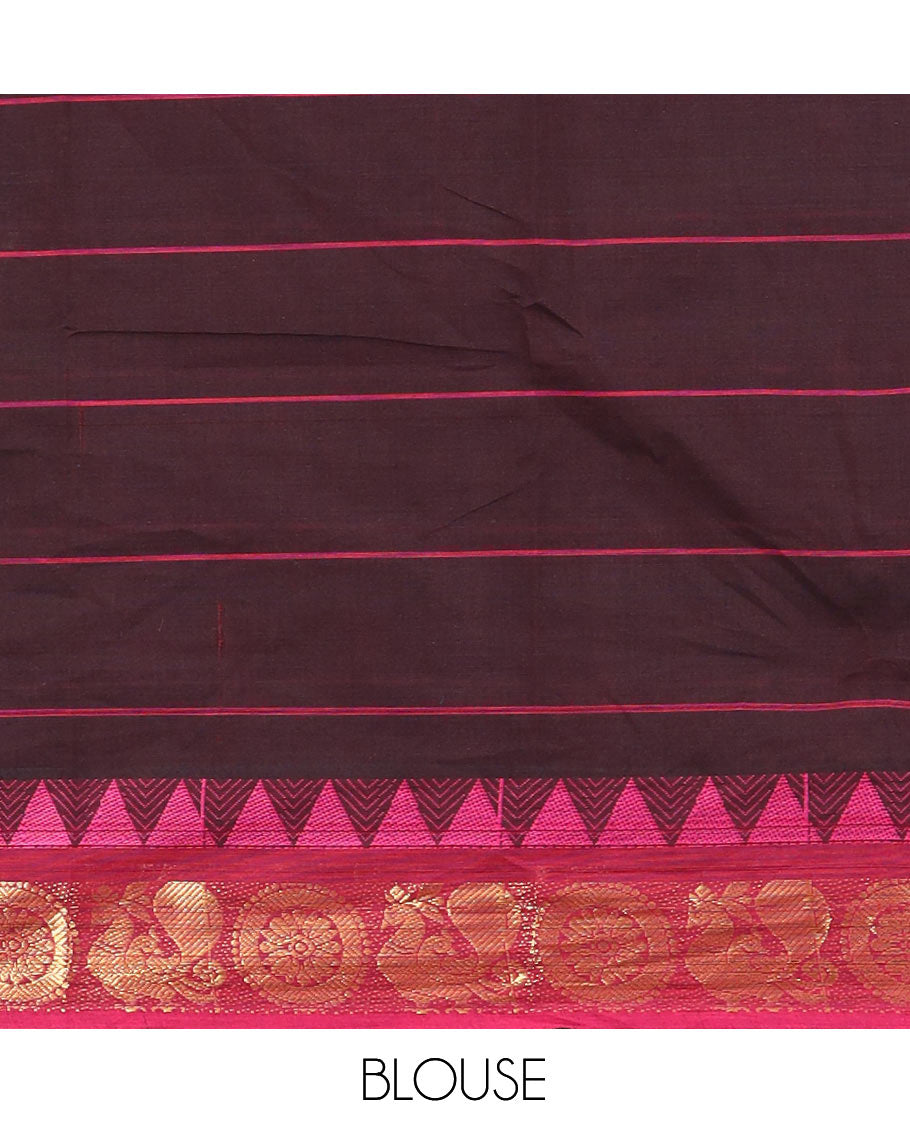 Brown Chettinad Cotton Saree Features Butta Enclosed Checks, a Contrast Temple Annam-Peacock Ganga-Jamuna Border, and a Matching Blouse