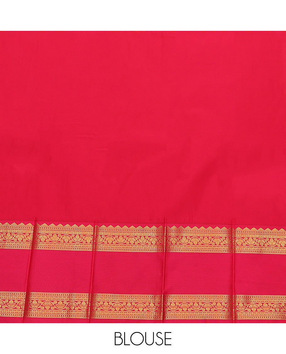 Violet Budget Silk Saree, Boldly Accentuated With Zari Buttas All Over Its Body, Complemented by Contrast Traditional Zari Designs Rettai Pettu Border, Grand Jaal Pallu and Paired with a Contrast Blouse