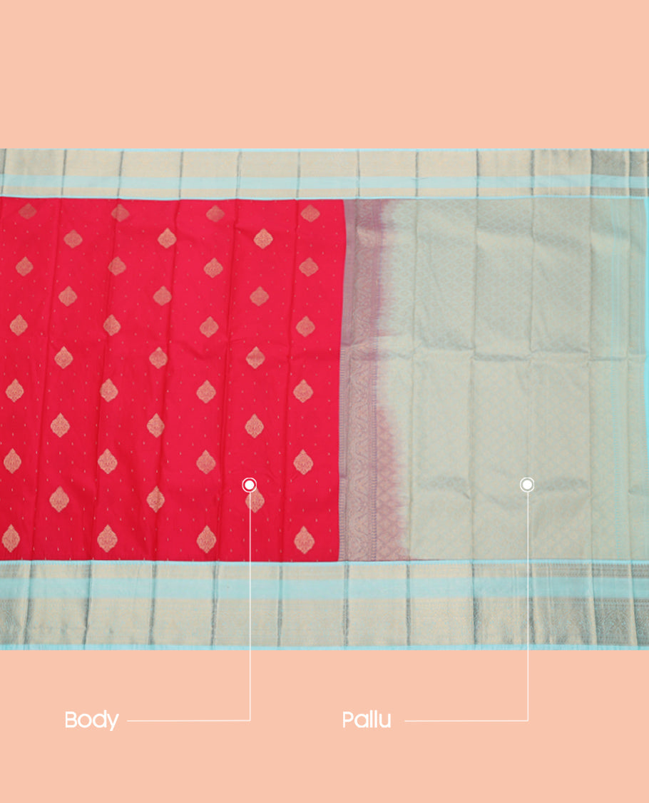 Red Budget Silk Saree, Prettified with Zari Buttas, Complemented by a Contrast Traditional Zari Design Border, Grand Pallu, and a Contrast Blouse