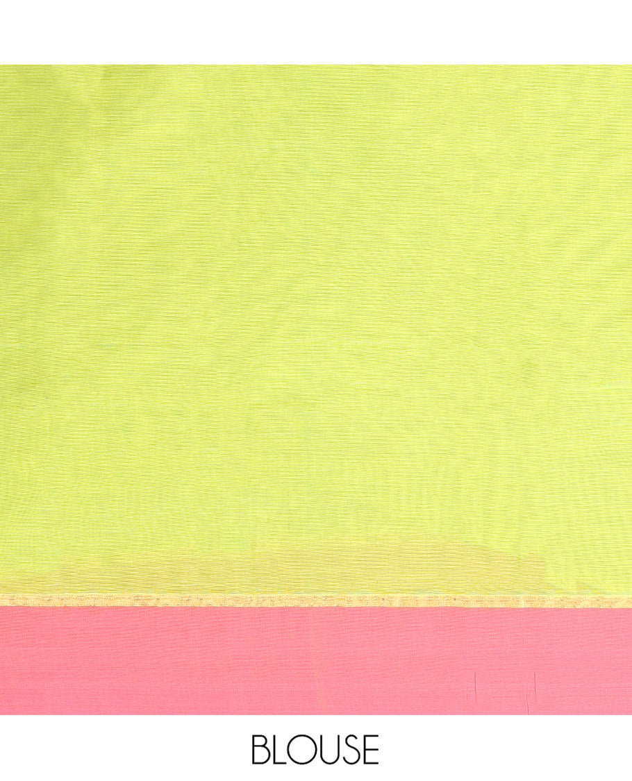 Leaf Green Kanchi Cotton Saree, Crafted with Buttas All Over Its Body, Complemented by Contrast Border, Pallu of Floral Designs, and Paired with a Matching Blouse