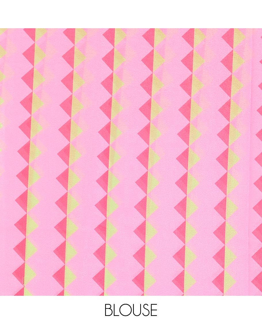 Borderless pink plain moss chiffon saree, contrast double-sided temple border, self-pallu, and diamond-patterned printed blouse